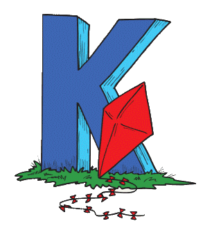 Blue letter K with red kite leaning against it 