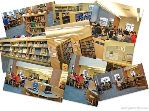Collage of Library at Ashland High School..bookcases, students sitting at tables, computers 