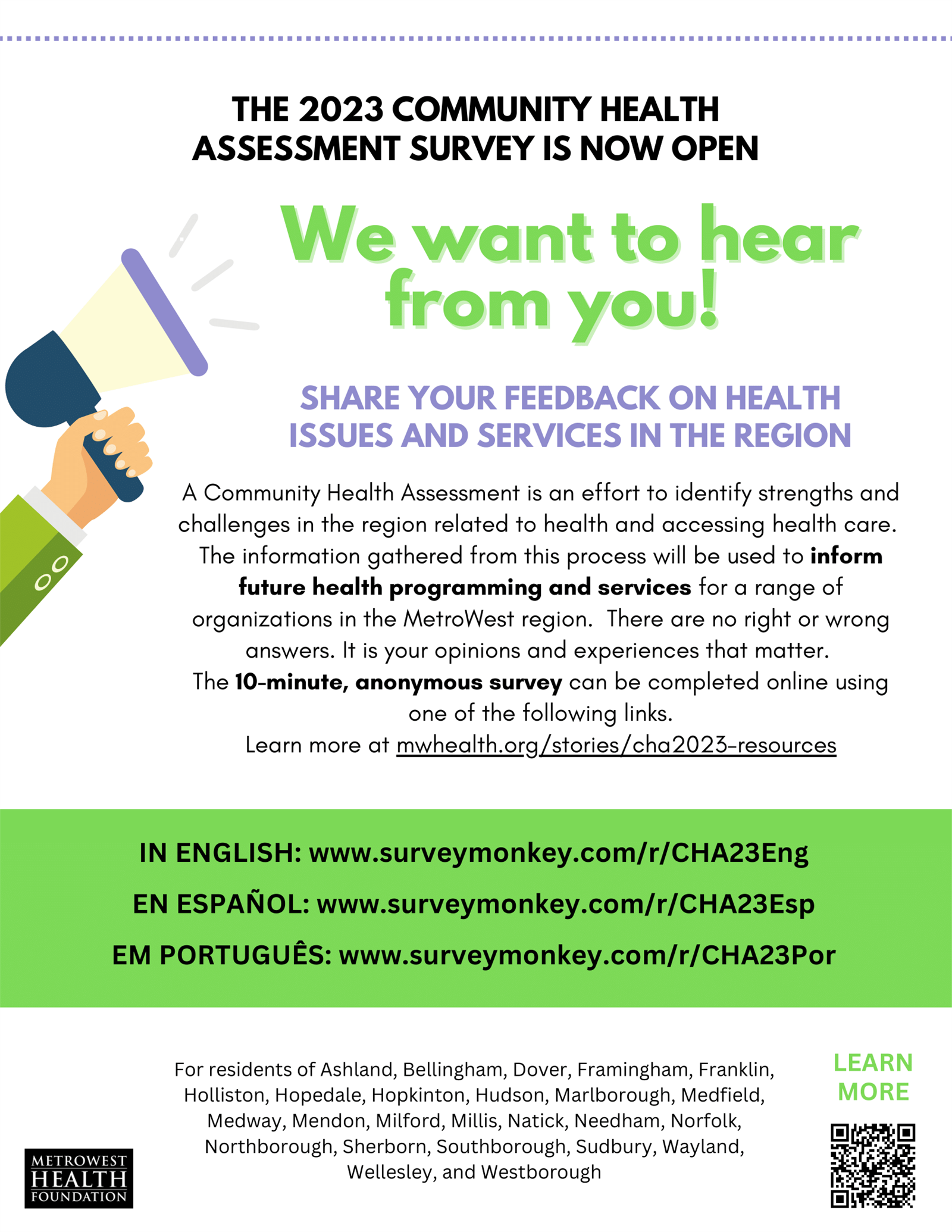 MetroWest Health Assessment Survey flyer with QR code MetroWest Health Assessment Survey flyer with QR code