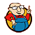 graphic image of bald man with glasses in overalls holding up one finger. He is the character logo for the Schooldude product 